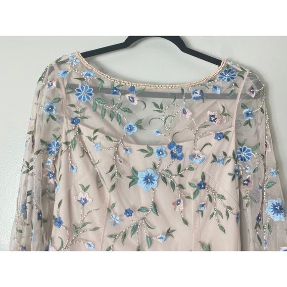 ADRIANNA PAPELL DRESS 6 FLORAL EMBROIDERED BEADED SHEATH SHORT COCKTAIL BEIGE - Picture 5 of 16